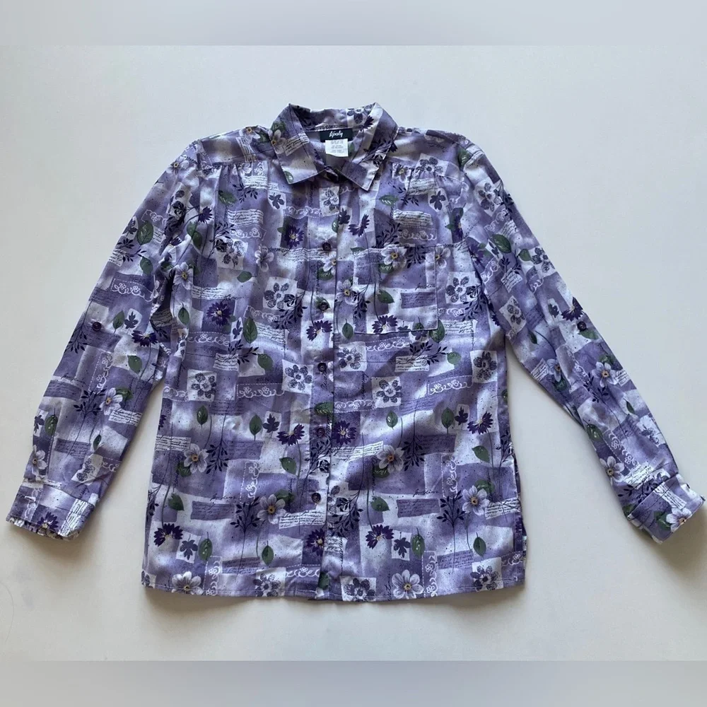 Vintage Tapestry Purple Garden Floral Button Up Roll Tab Shirt Women's Medium - Picture 6 of 7